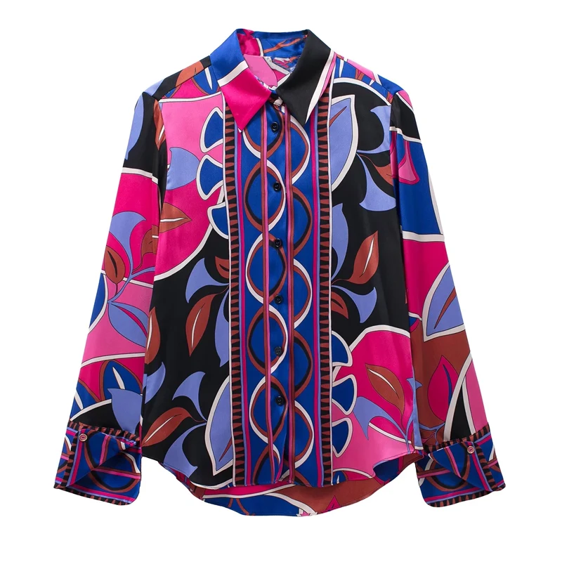 

Top Female Streetwear Collared Shirt Woman Summer Elegant Blouses TRAF 2023 Print Button Up Shirt Women Vintage Long Sleeve