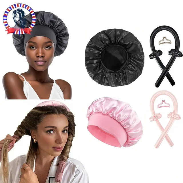 Ensemble de bonnets de couchage en Satin, sans chaleur, bandeau à friser, pince à cheveux, anneaux pour cheveux, chapeau de couchage doux pour Salon 1
