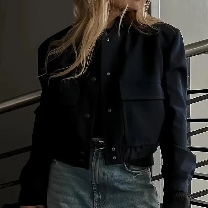 Women's Bomber Jackets Coat Crop Outwear Armygreen Long Sleeve Coat With Pocket Solid azatrafins Woman Jacket Navy Blue Jackets