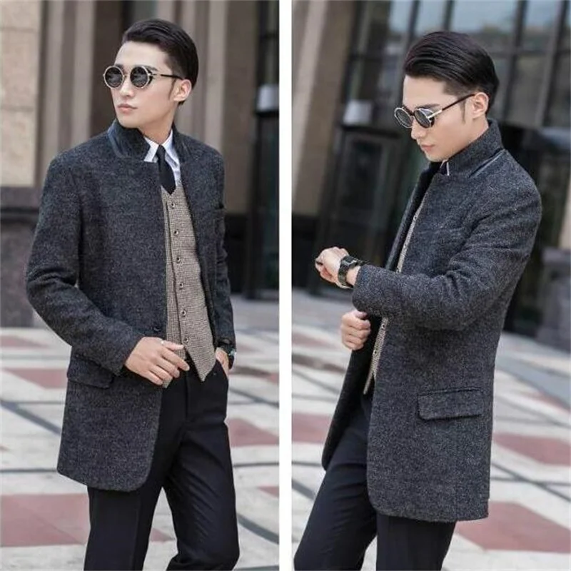 Stand collar A buckle suit wool coat mens trench coats slim fashion ...