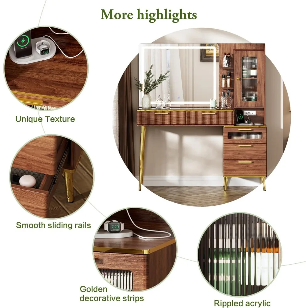 47.24" Big Modern Vanity Desk with Mirror and Lights,Makeup Vanity Desk with 5 Drawers and Storage Shelves & Power Outlet 6