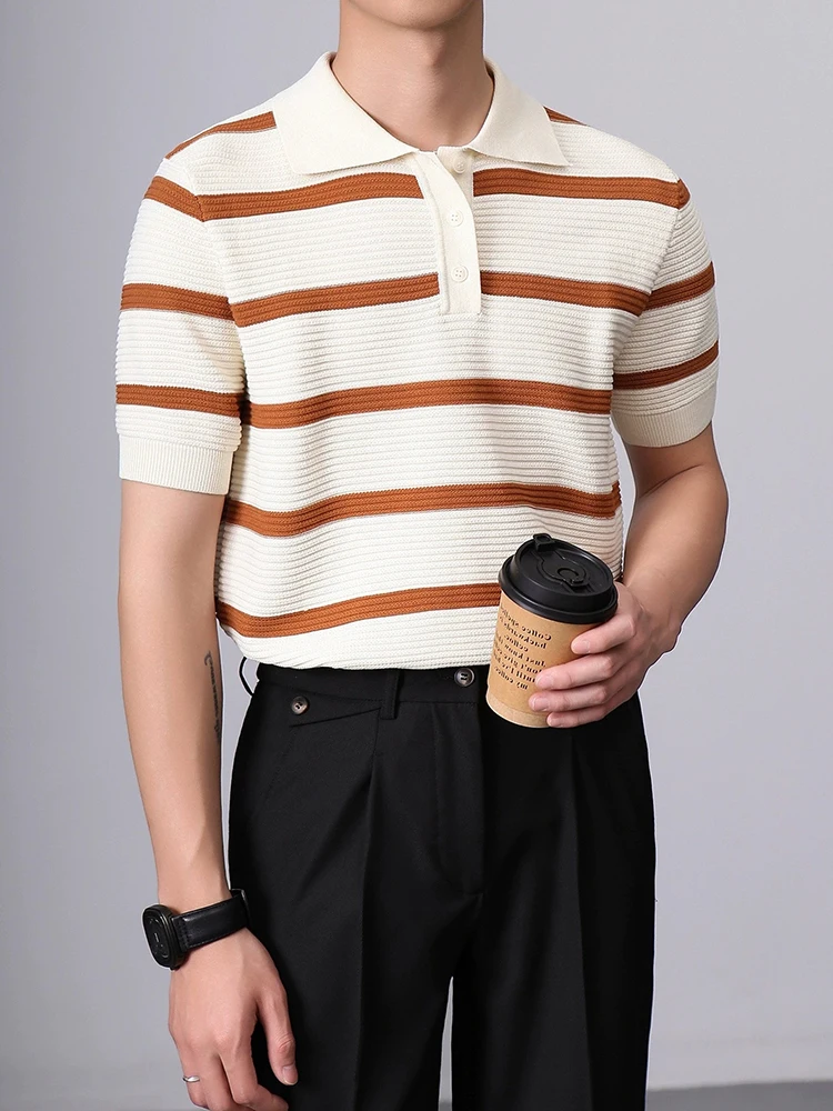 New Casual Striped Crochet Knit Polo Shirt Mens Summer Fashion Buttoned Polo Neck Knitted Tops Men Stylish Short Sleeve Jumpers 12 Sc74042ce212441d8aec544d64768da980