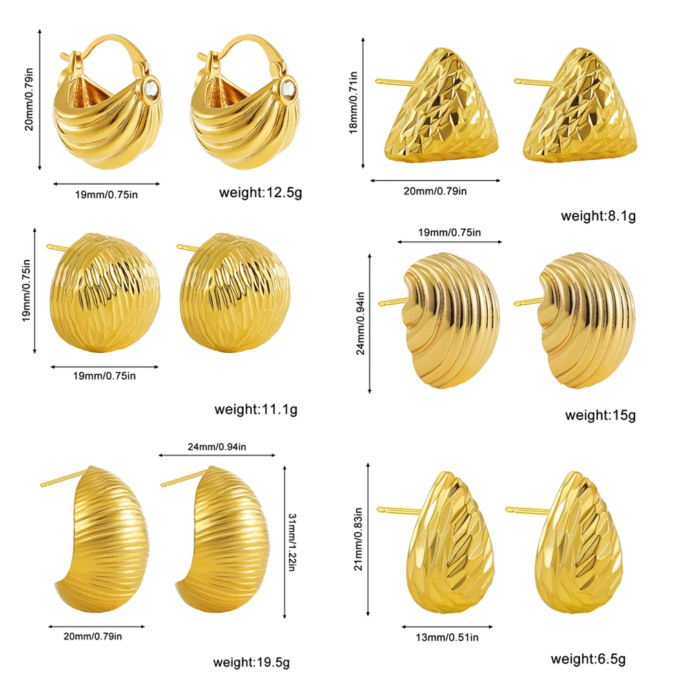 Retro Stainless Steel Geometric Irregular Texture Hemispheres Earrings Gold Plated Waterdrop Waterproof Small Studs Ear Jewelry