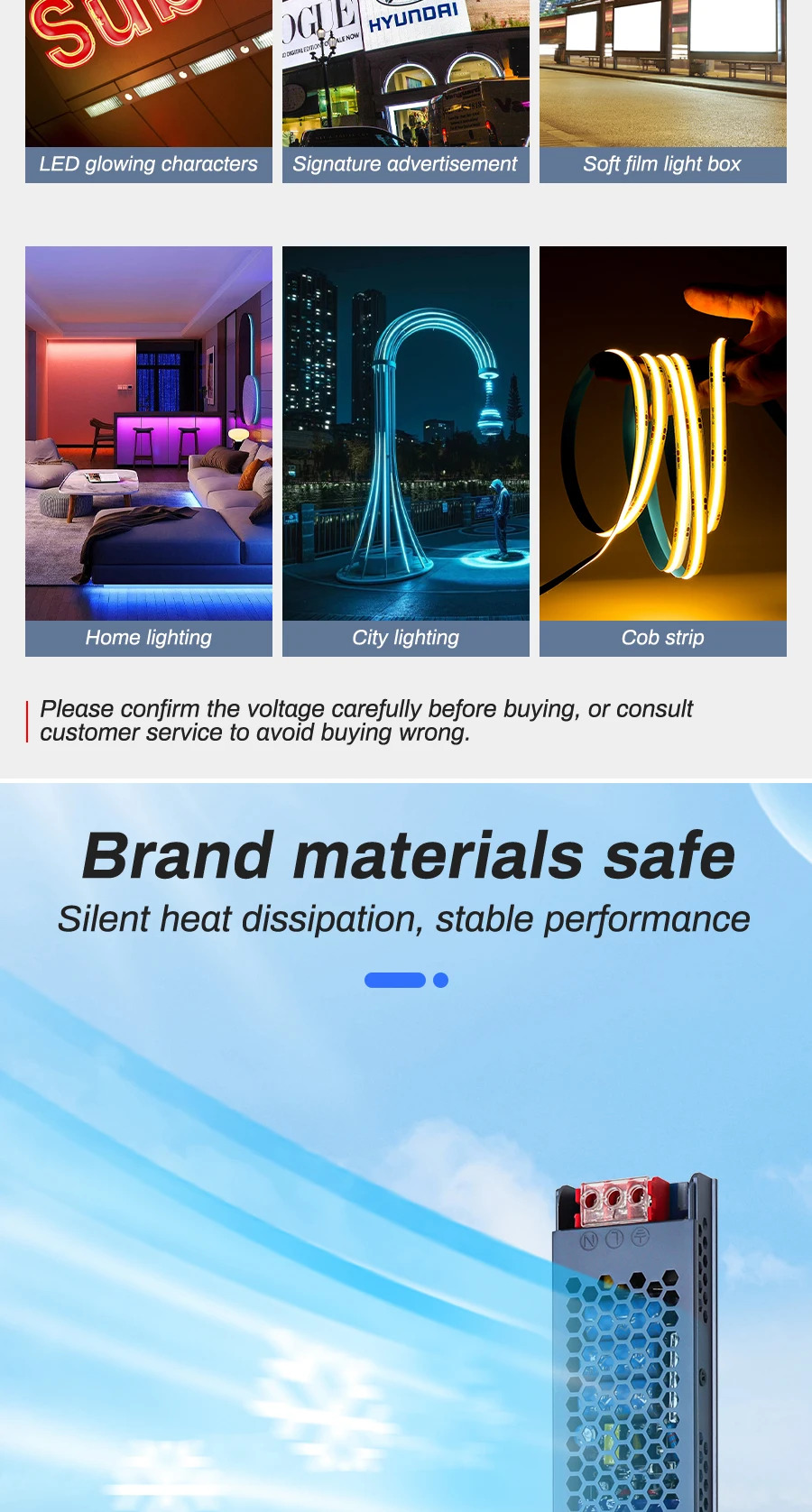 Description Picture 4 of item12V 24V Power Supply 60W 100W 200W 300W 400W 500W Transformer LED Driver Super Thin AC DC Converter for LED Strip Lighting Bulb