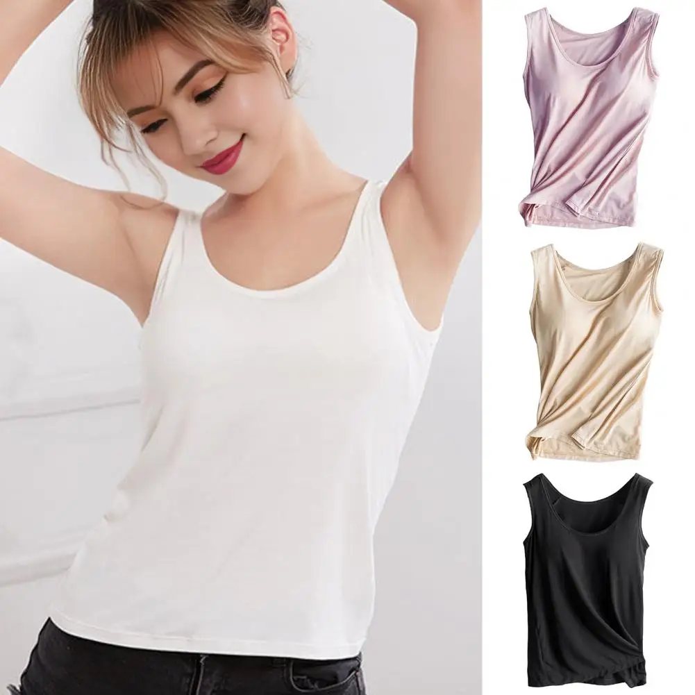 

Gym Vest Comfortable Yoga Tank Top with Built-in Bra Pads for Women Stretchy Sport Fitness Homewear Vest Solid Colors Elastic