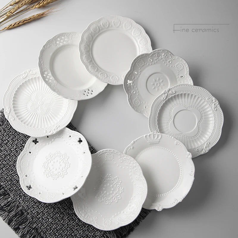 6inch, White Embossed Porcelain Serving Dish, Ceramic Kitchen Plates, Wedding Plates For