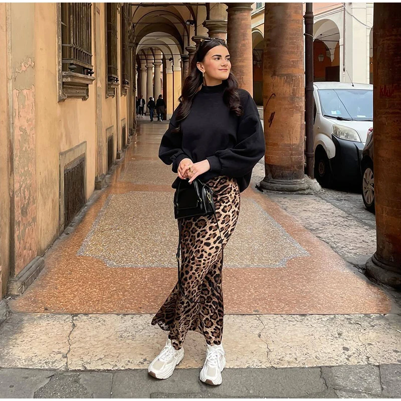 Faldas largas con estampado de leopardo para mujer, elegantes, holgadas, de cintura alta, estilo midi, informales, de verano