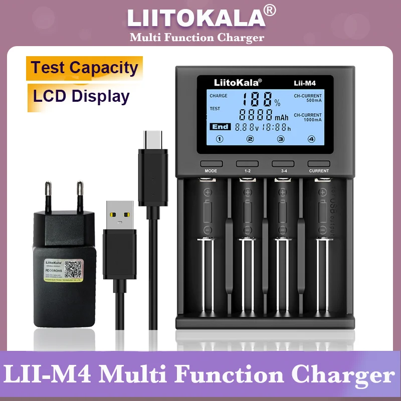 NEW LiitoKala Lii-M4 18650 Charger LCD Display Universal Smart Charger Test capacity for 3.7V 26650 18650 21700 AA AAA etc 4slot