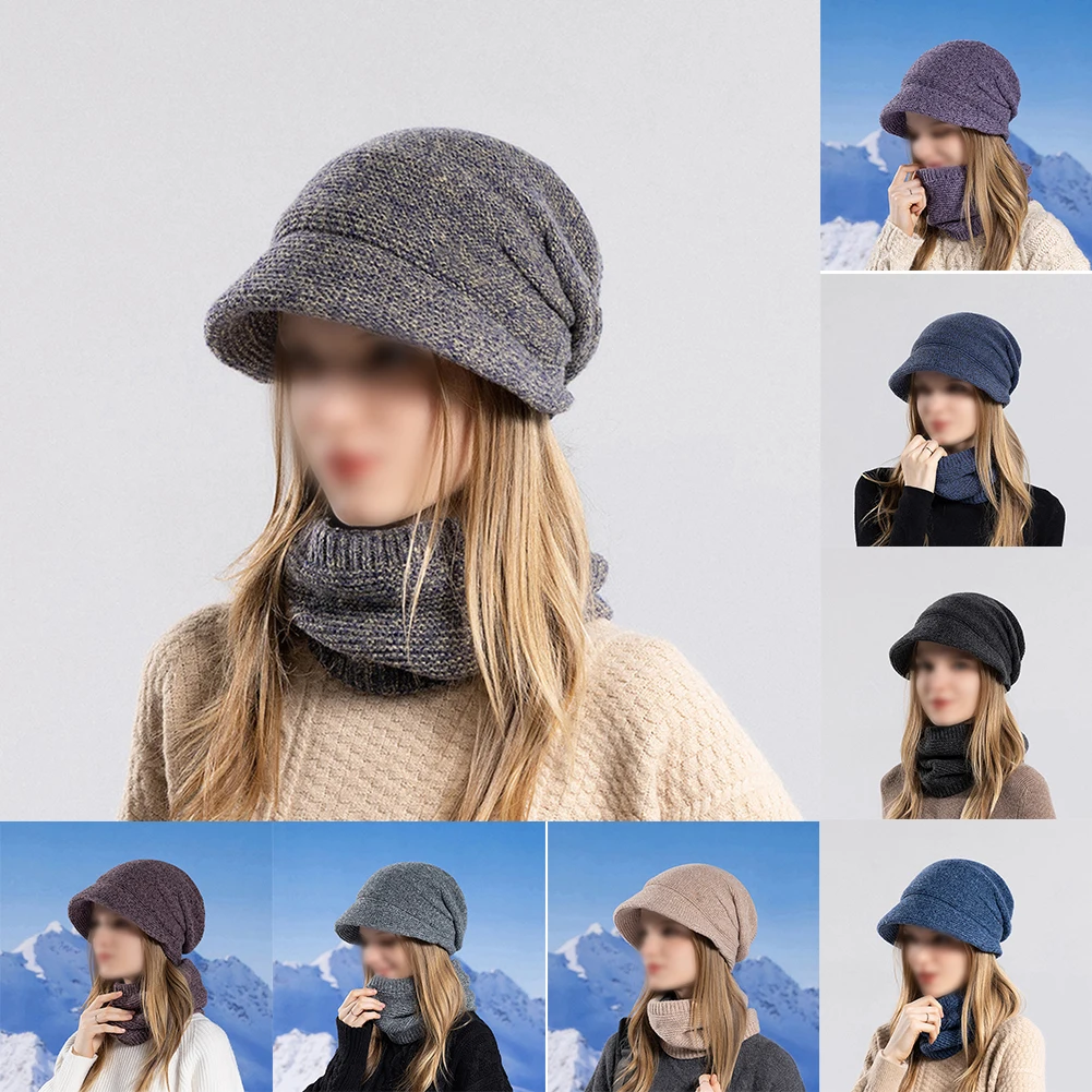

Winter Plush Scarf Hat Warm Knitted Hat Women'S Beanie Hat With Brim And Ear Protection Shape-proof Windproof Outdoor Sports