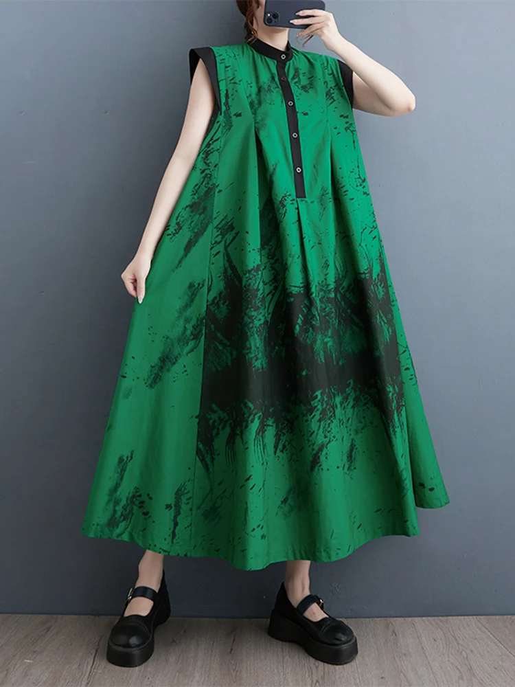 2025 Summer New Black Vintage Print Sleeveless Dresses For Women Stand Collar Loose Casual Long Dress Fashion Elegant Clothing
