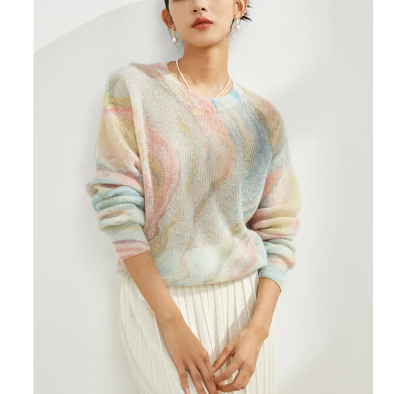 

2023 Spring Autumn Women Tie Dye Wool Mohair Sweater Women O-neck Loose Gradient Knit Tops