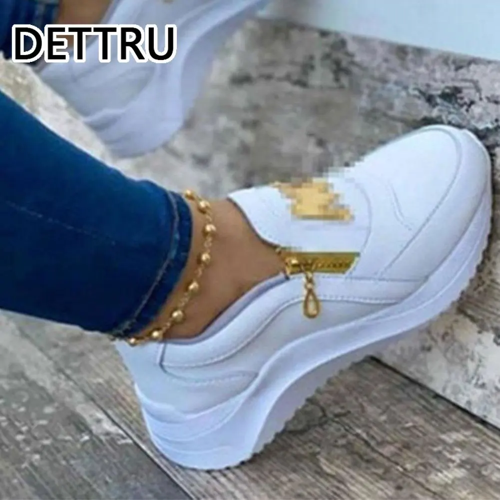 Running Shoes Women Sport Shoes Thick Bottom Solid Color Ladies Vulcanized Sneakers Ladies Fashion PU Shoes Zipper Sneakers