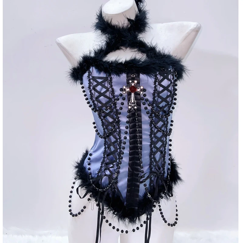 Feather Trim Faux Pearl Bustier Top 1