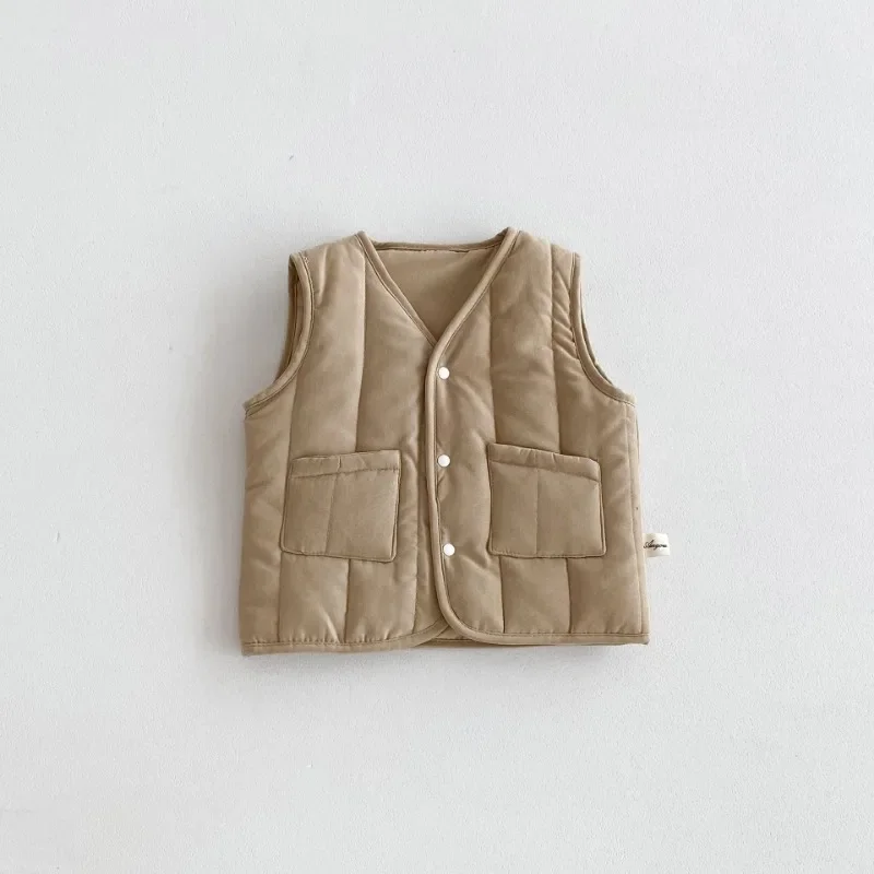 한국 스타일 가을 겨울  여아 조끼, 단색 조끼, 두꺼운 브이넥, 따뜻한 민소매 면 안감 아우터, H4T02