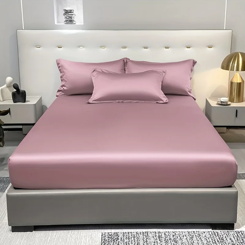 Description Picture 5 of item1 Simple Modern Satin Solid Color Fitted Sheet,Deep Pink Color Ice Silk Bedspread For Bedroom,Bedding (Excluding Pillowcases)