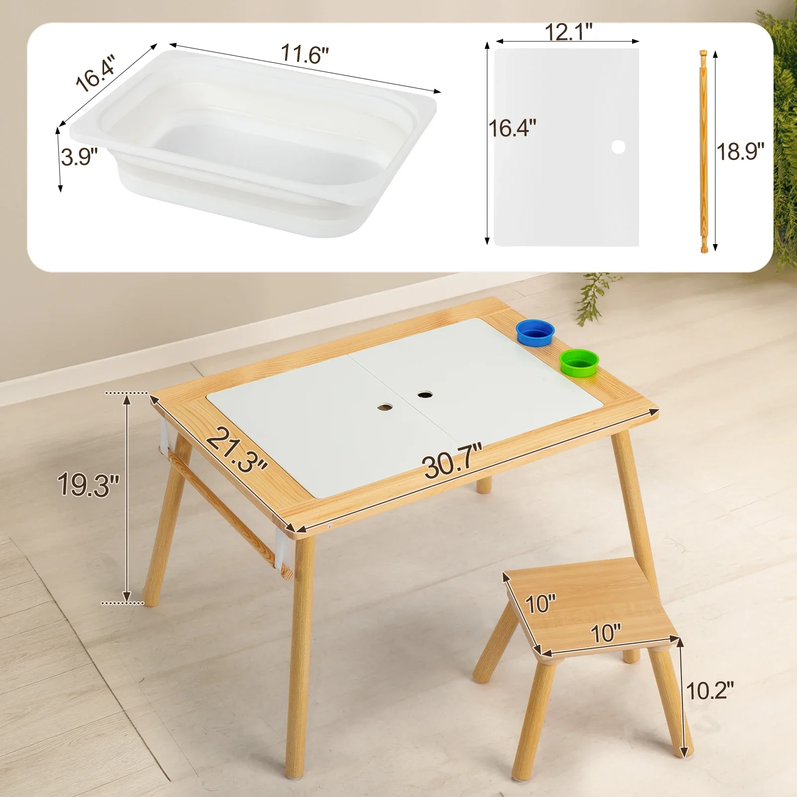 US Stock Children's Sensory Table with Stool, Kids Activity Table with 2 Storage Bins & 2 Pen Holders & Paper Roll,Wood 6