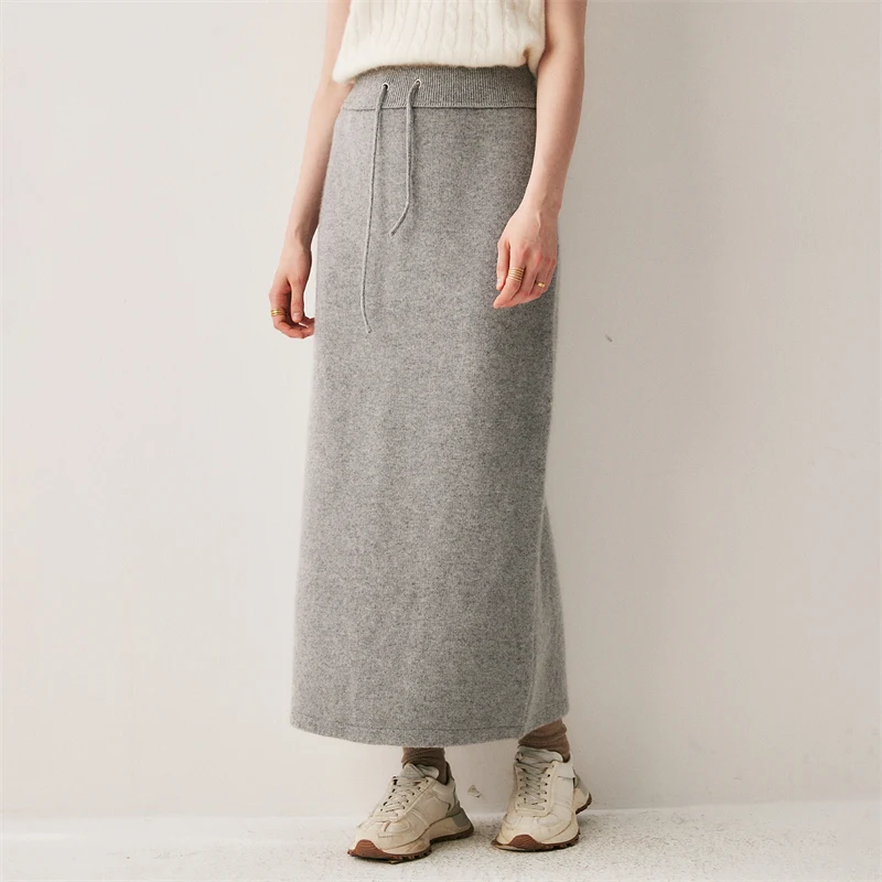 Women's pure cashmere long skirt split detail