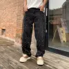 Pearls Black Wide Jeans Men Street Wear Mid Rise Heavy Weight Pants Man New Y2k Trousers 1