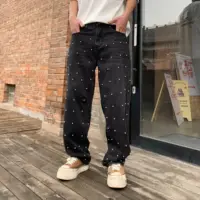 Pearls Black Wide Jeans Men Street Wear Mid Rise Heavy Weight Pants Man New Y2k Trousers 1