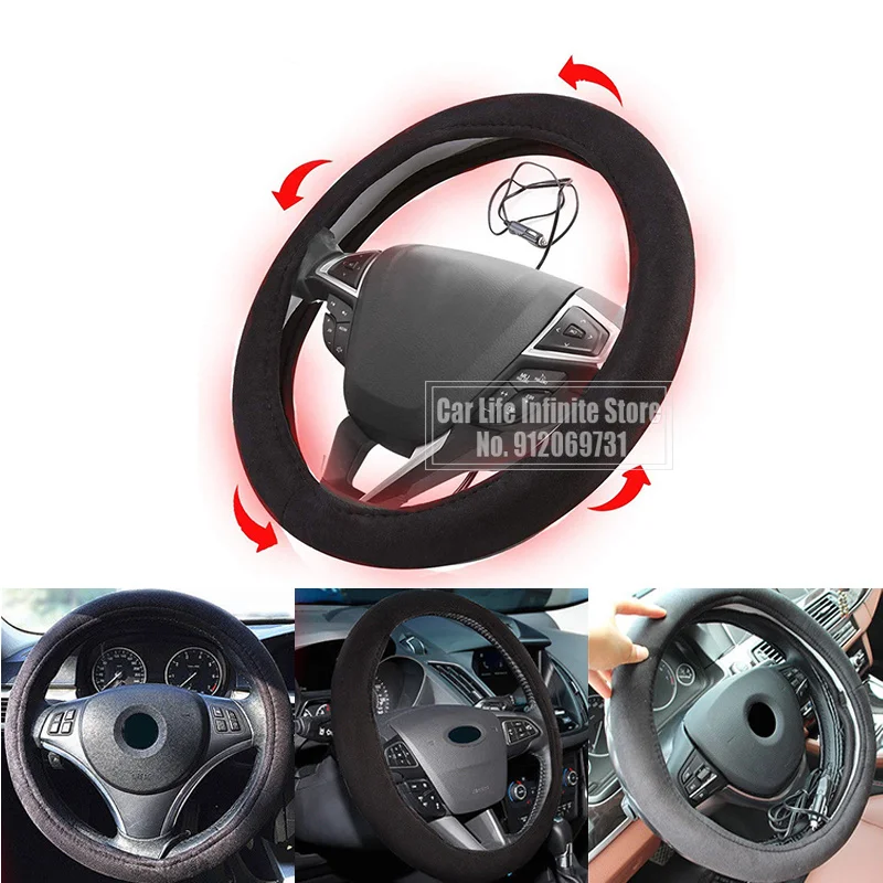 

Car Steering Wheel Cover 38cm 12V Universal Auto Heated Winter Warm Cover With Charger Electric Heating Car Accessories Interior