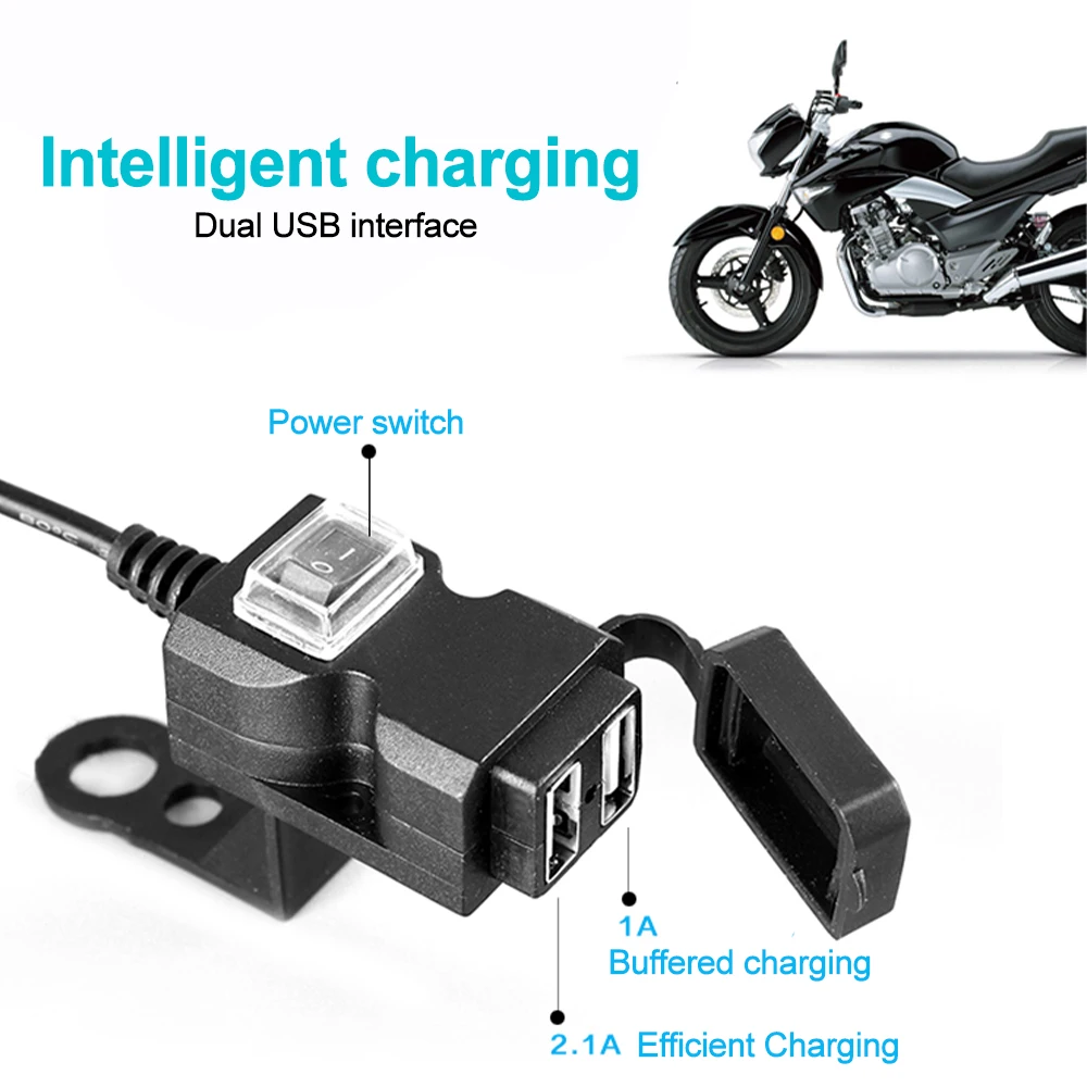 Updated Motorcycle Dual USB Charger with ON/OFF Switch Waterproof Motorbike Handlebar Phone Charger Fast Charging Socket