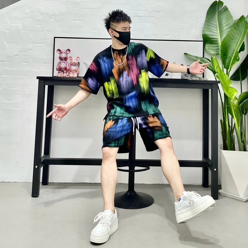 

Men's Summer Casual Loose Two Piece Sets Beach Print Cotton Linen Man Suit Short Sleeve Button Shirt and Shorts Outfits W113