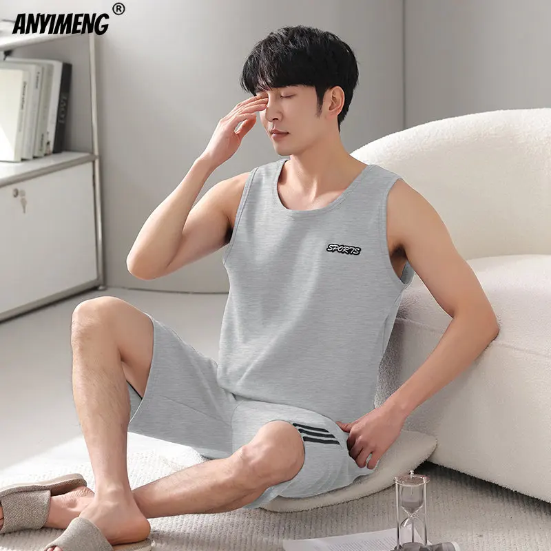 

Пижамный комплект Мужской без рукавов, Элегантная трикотажная Хлопковая пижама, жилет, пижама, большие размеры 4XL 5XL 6XL 7XL, на лето