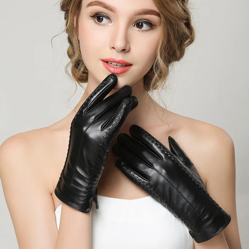 

2022 Elegent Luxury Women Touch Screen Genuine 100% Real Leather Gloves Sheepskin Mittens Fashion Driving Gloves G604