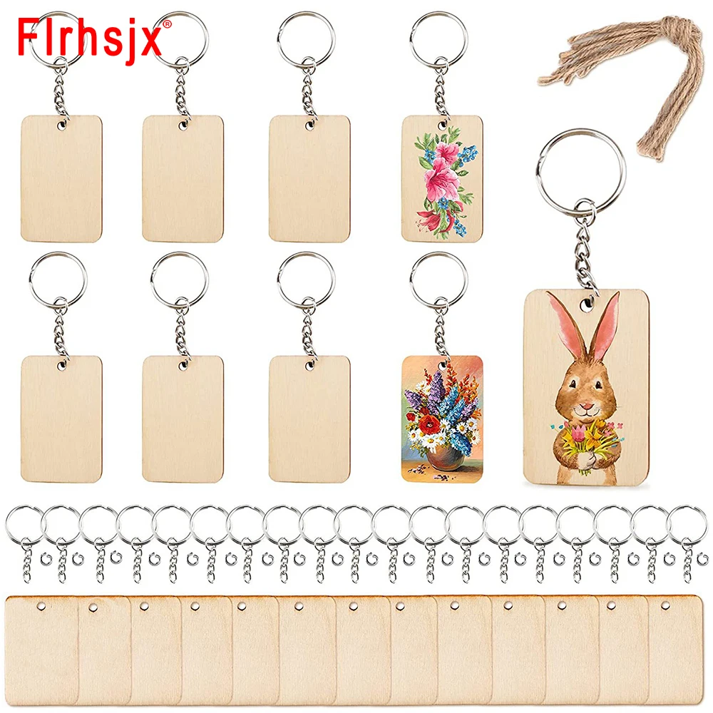 

60pcs Rectangle Wood Key Chain Blank Wooden Key Chains Tags to Paint Personalized Key Rings for Engraving DIY Tags Key Craft