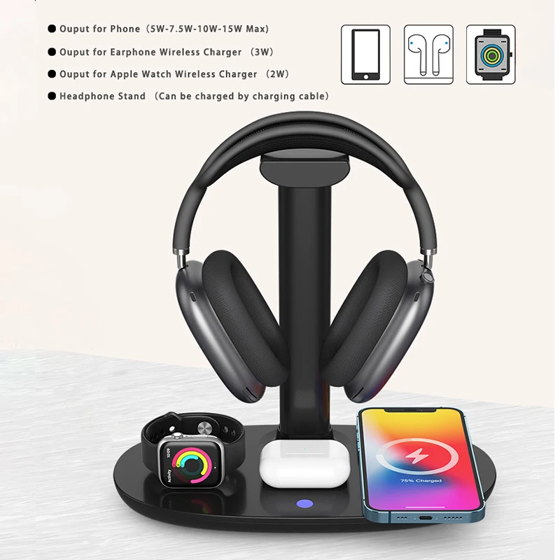 15W 4In1 Headphone Stand Headset Holder Fast Wireless Charging