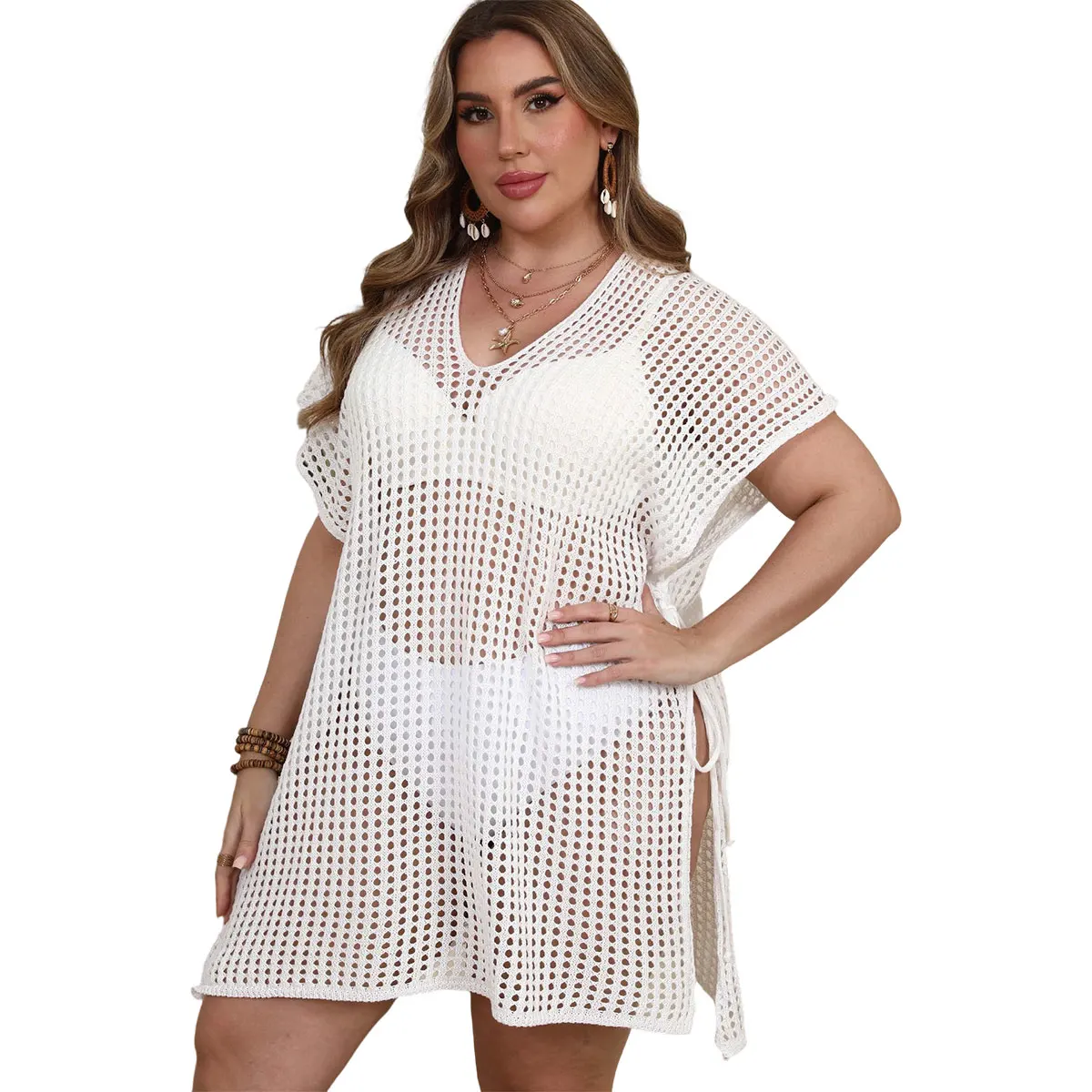 Plus Size Women Multi-Color Knitted Hollow Bikini Cover-Up Dress Sexy Oversize Summer Beachwear Tunic Side Lace-up