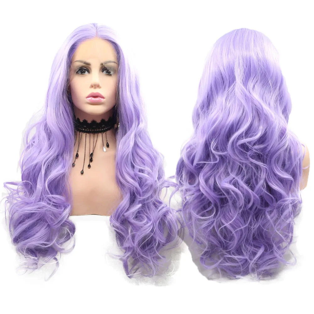 

Synthetic Lace Front Wigs Body Wavy Purple Middle Parting Hairstyle Heat Resistant Fiber Hairs For Women Daily Use