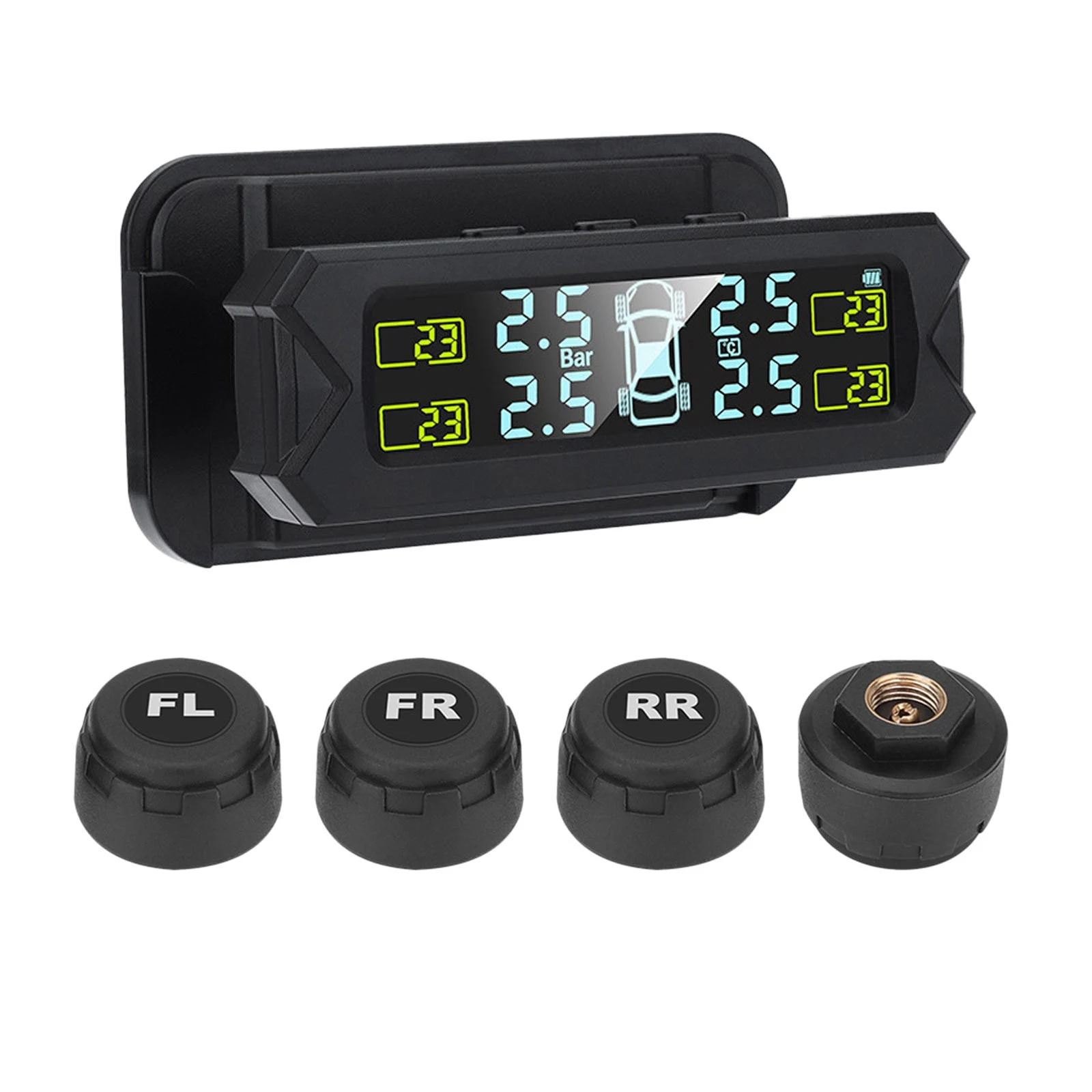 

USB Solar Power Tire Pressure Monitoring System Wireless Car TPMS LCD Display Pressure Alarm with External Sensor