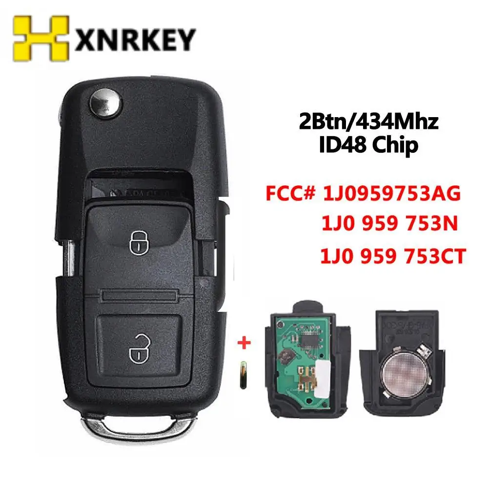 XNRKEY 2 Button Car Flip Remote Key ID48Chip 434Mhz 1J0959753AG/N/CT for VW Bora Golf Polo Passat Touran Seat Skoda Car Key