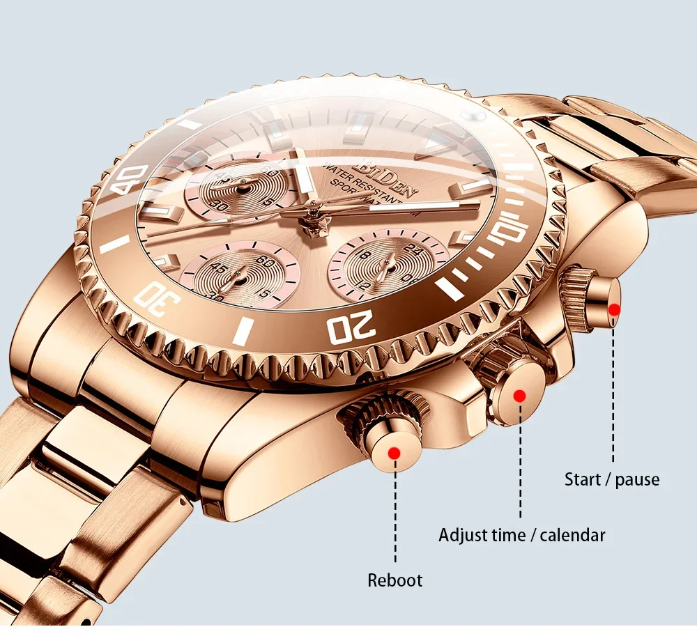 Top Brand BIDEN Women Dress Watches Rose Gold Chronograph Fashion Elegant Business Quartz Lady Wristwatch Stainless Steel Clock