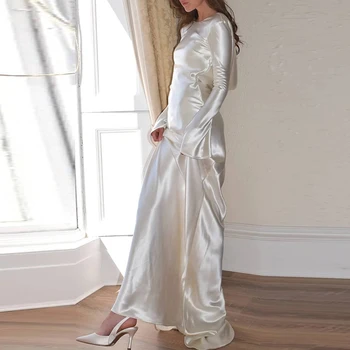 White Satin Long Sleeved Slim Evening Dress Sexy Hollow Out Backless Mermaid Robe Dress New Autumn Women O Neck Fashion Dresses 1