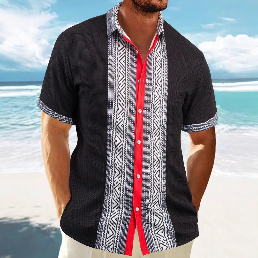 2025 Men's Waffle light ripe casual lapel cardigan patchwork buttons fashion urban summer beach short-sleeved shirt top 6