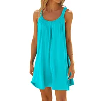 Women Summer Spaghetti Strap Boho Beach Dress Solid Color Loose Vacation Beach Cami Dress Ladies Cotton Tshirt Tank Sundress 2