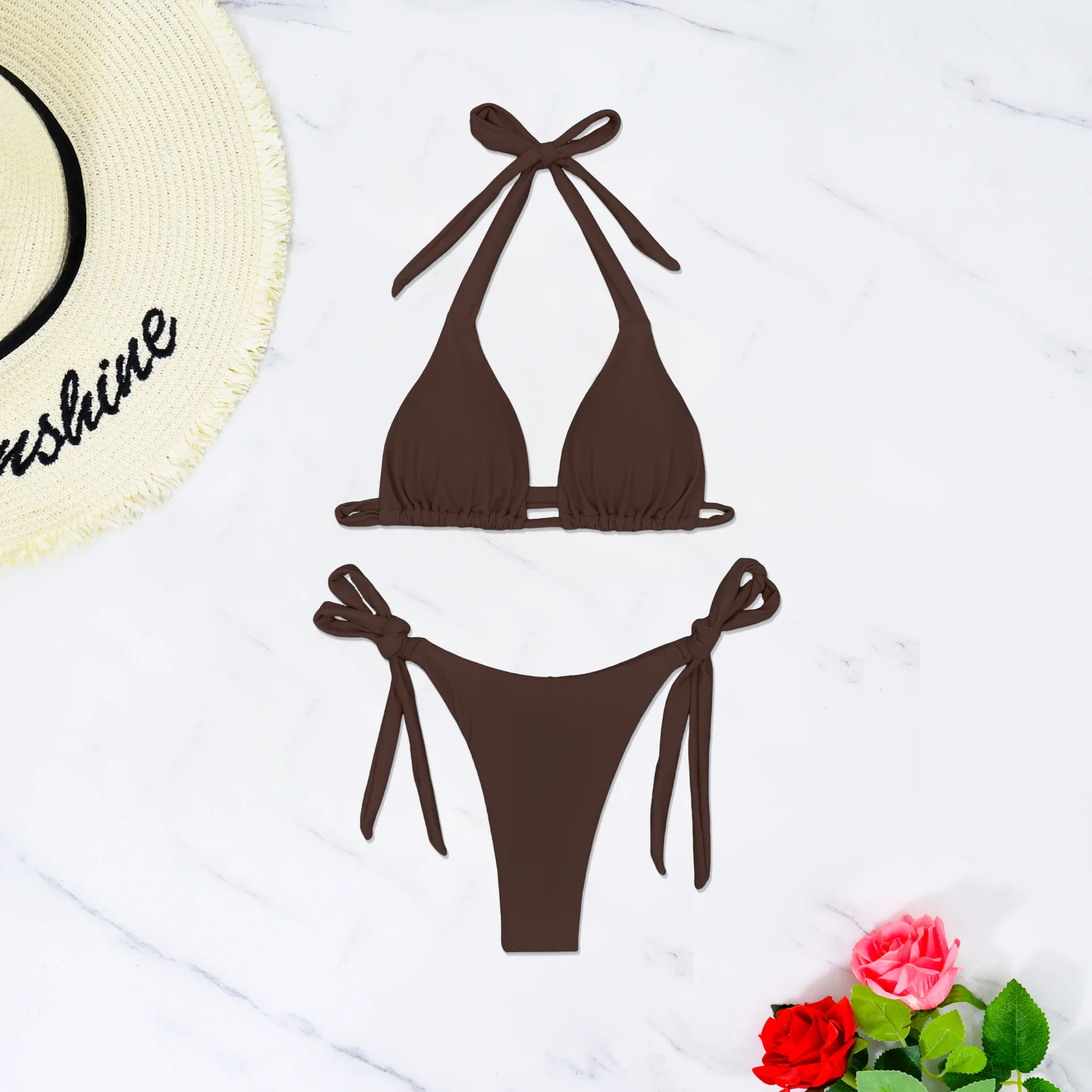 2026 Triangle String Brown Bikini Women Halter Swimsuit Solid Sexy Swimwear Female Bathers Bathing Swimming Swim Suit Beachwear
