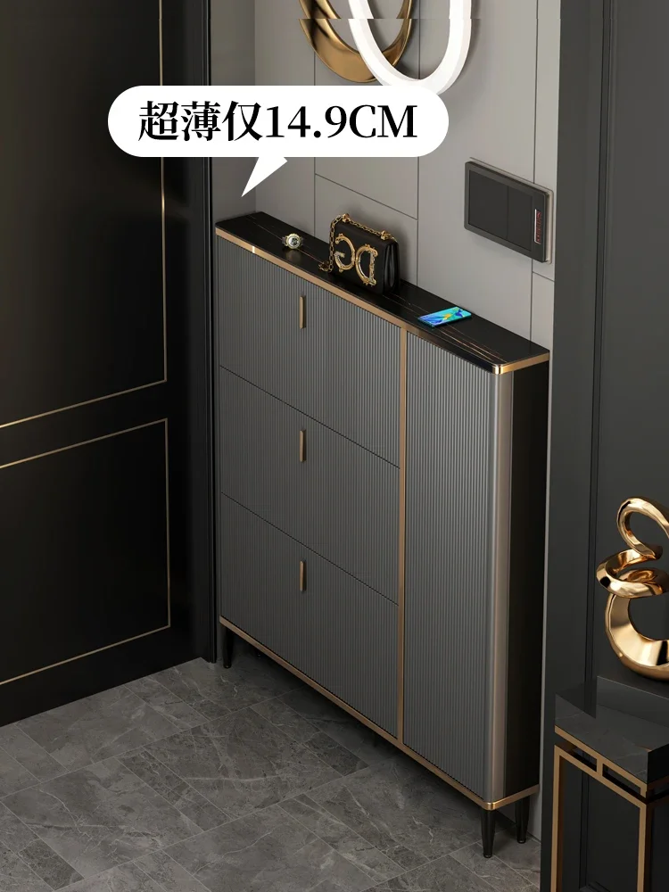 

Light luxury rock board ultra-thin flip bucket narrow family entrance, solid wood small family entrance hall, and porch cabinet