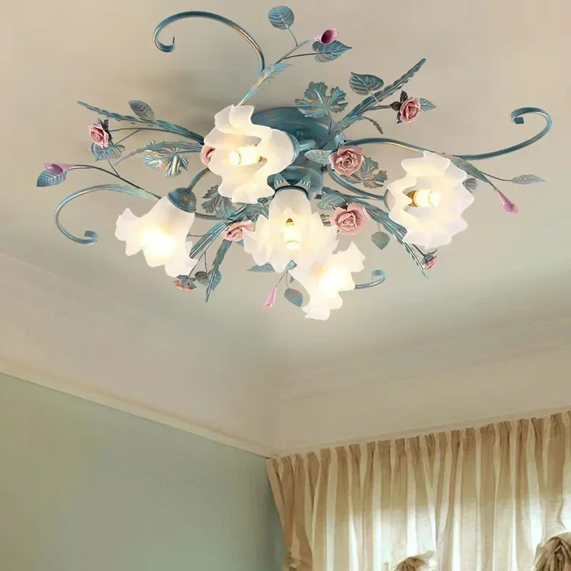 

Modern Pastoral Style Warm Romantic Ceiling Lamp Rose Flower Grass Light for Home Decor Bedroom Living Room Attic LED Lighting