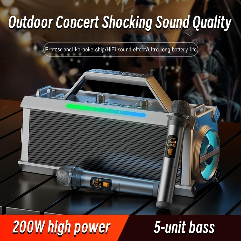 

Outdoors Bluetooth Speakers Family KTV Singing Audio WIth Wireless Two Microphones Karaoke Machine 200W Peak Power Shocking Bass