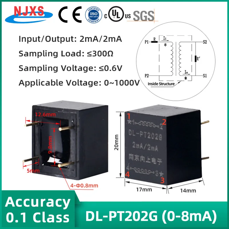 Mini Precision PCB Mount Voltage Transformer Pin Type AC Current Input Output 2mA/2mA Applicable Voltage 0~1000V Pin VT 2mA2ma