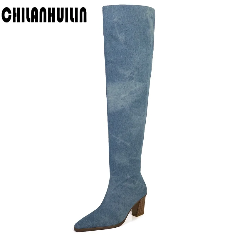 

women's sexy pointed toe motorcycle boots woman luxury denim boots over the knee high boots thick high heels girls street shoes