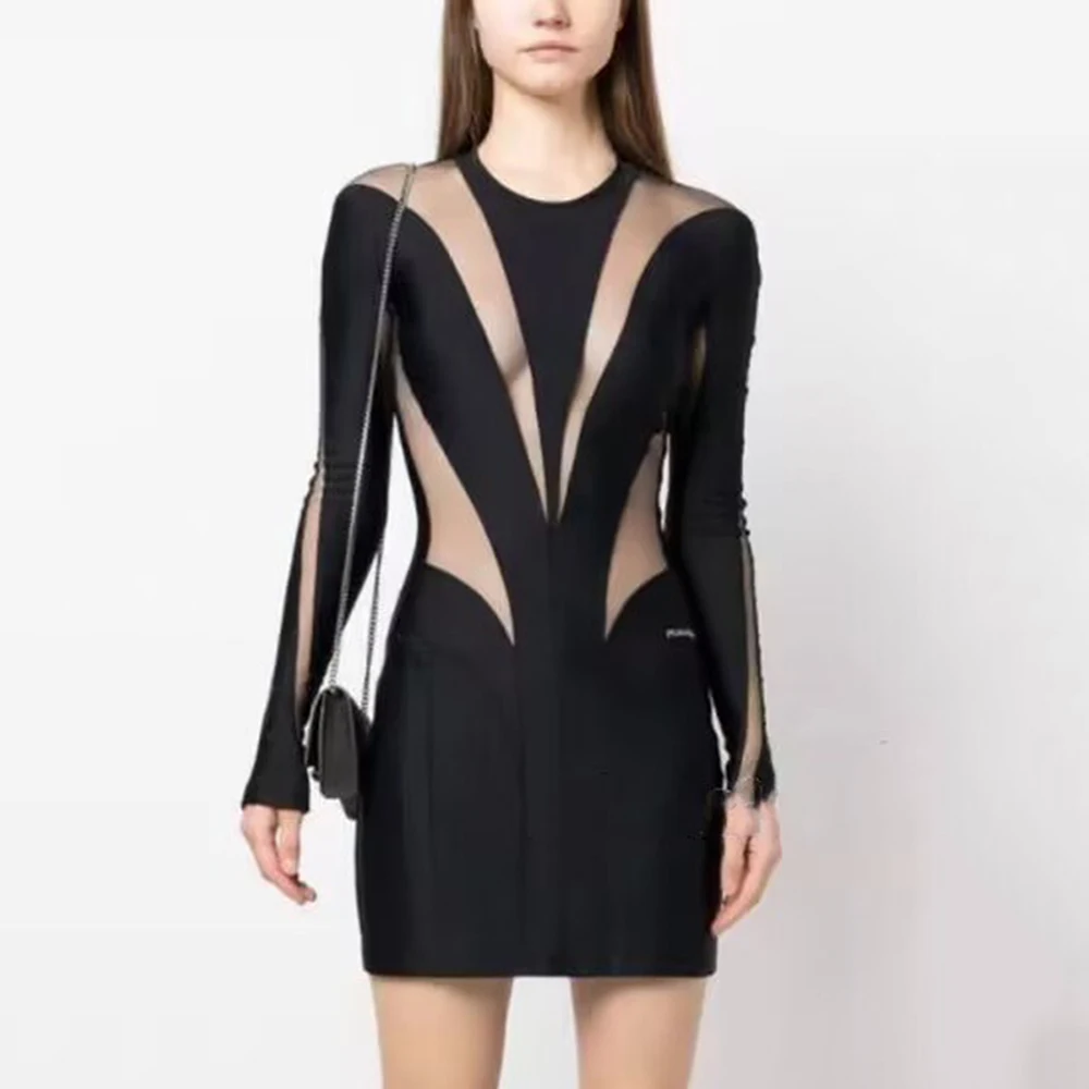 

2023 Autumn New Women's Sexy Black Long Sleeve Mesh Patchwork O-Neck Slim Fit Hip Mini Bodycon Celebrity Party Evening Dress