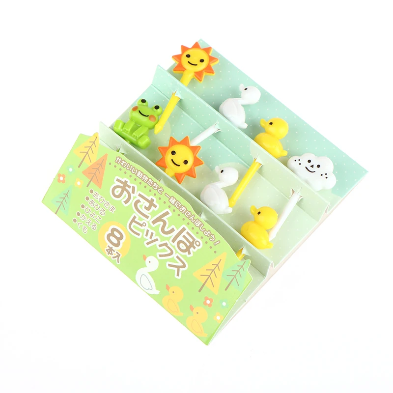 Description Picture 2 of item8Pcs Cartoon Animals Fruit Forks Mini Kids Snack Cake Dessert Food Stick Cute Duck Frog Toothpick Bento Decoration Tableware