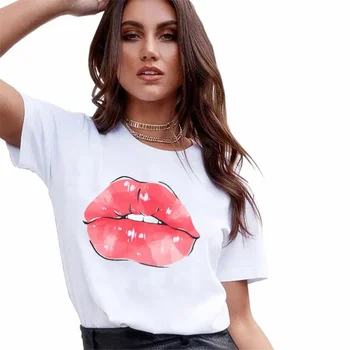 2026 New Summer Lip Print Women's Top Short Sleeve Tshirt Oversized T Shirt Women Clothes Tops Graphic T Shirt Harajuku Clothing