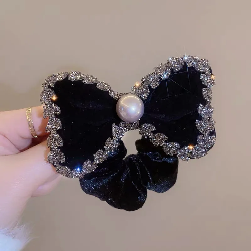 1pc Velvet Rhinestone Bow Scrunchie New Vintage Elastic Hair Bands Ponytail Holder Rubber Band Women Hair Rope Hair Accessories