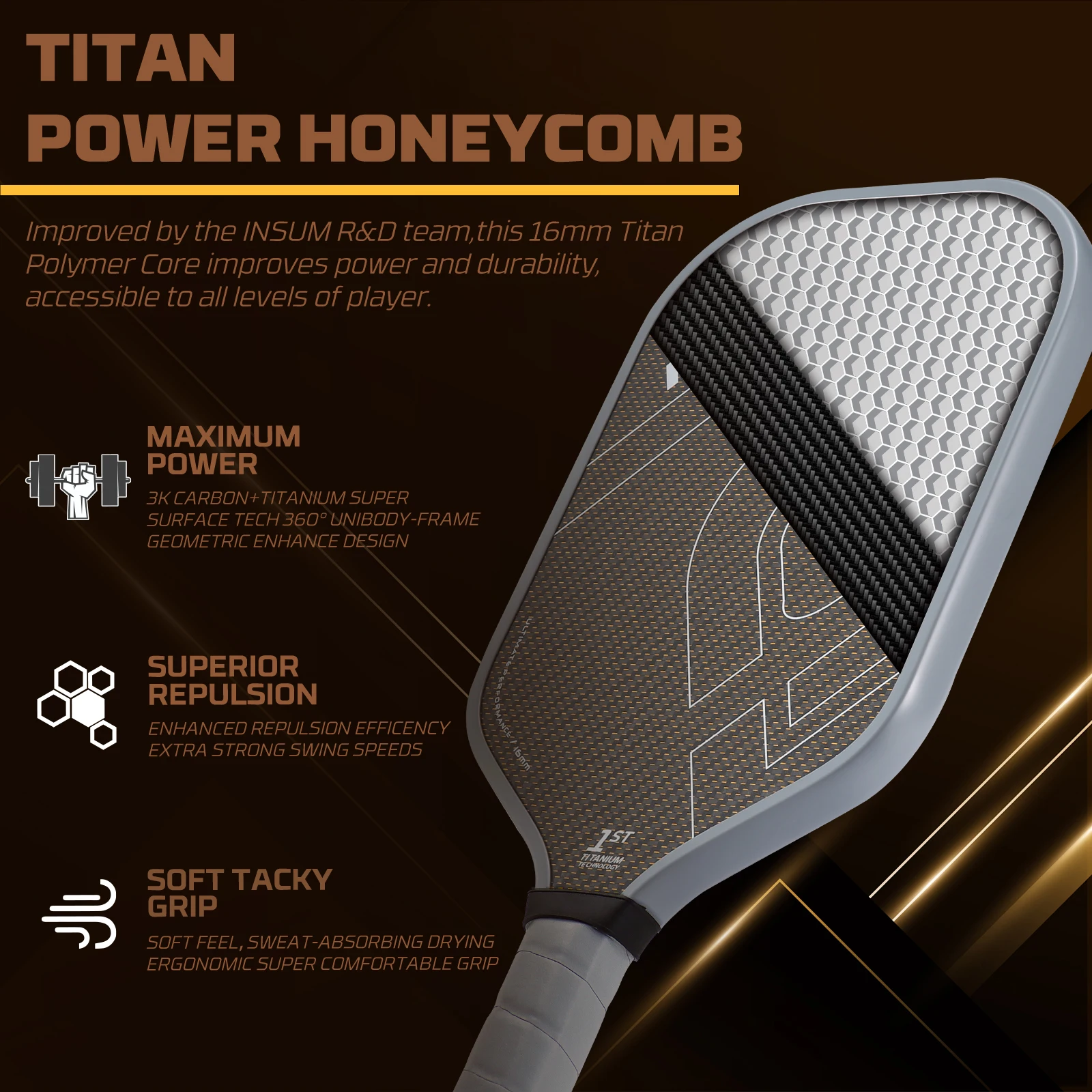 INSUM T-Titanium Pickleball Paddle USAPA certified CTS-Carbon Titanium Surface 1st titanium Tech Pickleball racket High Grit