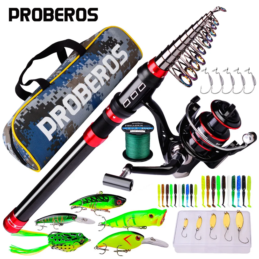 

PROBEROS 39PCS/lot Fishing Rod Reel Full Kit Telescopic Fishing Rod Spinning Reel Fishing PE Line 3/0# Hooks VIB Minnow Lure Set